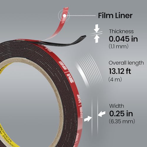 Double Sided Heavy Duty Tape, 13.12 FT × 0.25 in Mounting Adhesive Foam Tape Waterproof High Temperature Resistant for Automotive LED Strips Home Office Decor Indoor Outdoor - size: 13.12 FT × 0.25 in