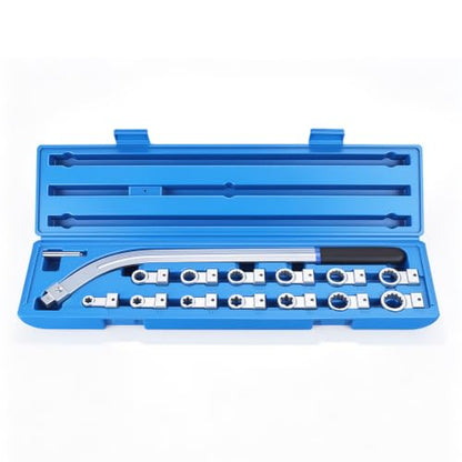 8MILELAKE 15PCS Auxiliary Idler Belt Tensioner Pulley Removal Tool Kit, Universal Serpentine Timing Belt Wrench Set with Adapters, 12-Point 12-19mm (0.47"-0.74") Engine Timing Belt Tension Wrench Set