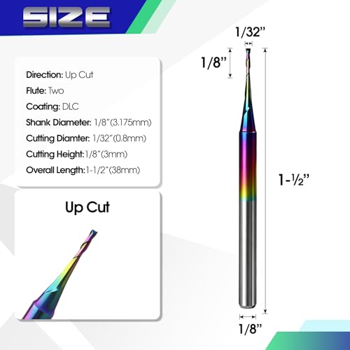 10Pcs CNC Router Bits with TAC Coating 1/8" Shank Upcut CNC Bit End Mill Solid Carbide Endmill Two Flute Spiral Milling Cutter for Wood PVC Engraving (1/32" x1/8" x1/8" x1-1/2) - size: 1/32"x1/8"x1/8"x1-1/2"