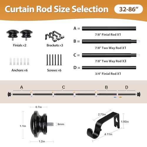 TONIAL Black Curtain Rods for Windows 2 Pack, 32 to 86 Inch, Drapery Rod - color: Black, size: 32-86"(2 Pack)