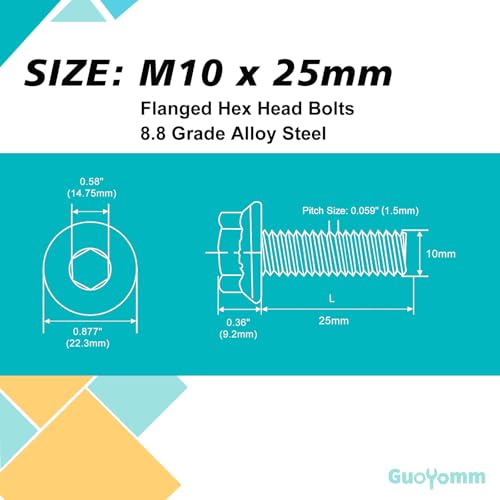M10 x 25mm 10pcs Flanged Hex Head Bolts, M10 x 1.5 Bolts, Flange Hexagon Head Screws, 8.8 Grade Alloy Steel, Yellow Zinc Plated, Metric Fully Thread - size: M10 x 25mm(10PCS)