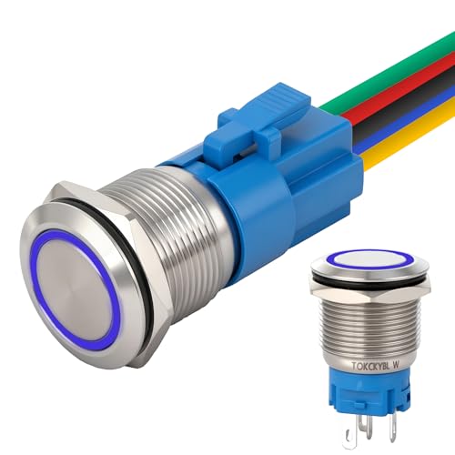 19mm Latching Push Button Switch 12V DC, IP65 Waterproof - color: Silver Stainless Shell Blue, size: 19mm