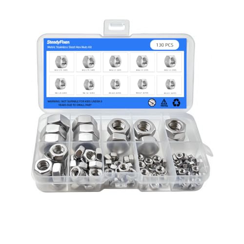 Hex Nuts Assortment Kit, 304 Stainless Steel 18-8 (A2-70)[M3-0.5 M4-0.7 M5-0.8 M6-1 M8-1.25 M10-1.5 M12-1.75] (130PCS) - size: 130PCS,M3,M4,M5,M6,M8,M10,M12