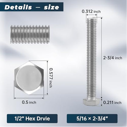 8 Sets Glvaner 5/16-18 x 2-3/4" Stainless Steel Hex Head Screws Bolts, Nuts, Flat & Lock Washers, 18-8 (304) Stainless Steel, Full Thread, Coarse Thread - size: 5/16-18 x 2-3/4"