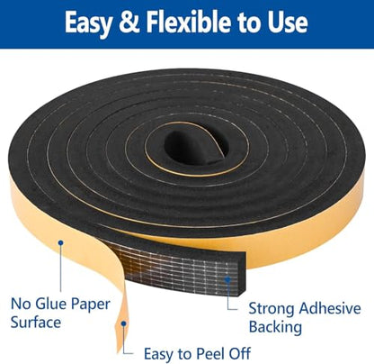 Kikerike Self Adhesive Foam Tape Weatherstrip 1/2In x 1/4In x 16.5Ft High Density Foam Insulation Strips Seal Weather Stripping with Strong Adhesive for Door and Window Sound Isolation Soundproofing - size: 1/2in x 1/4in x 16.5Ft