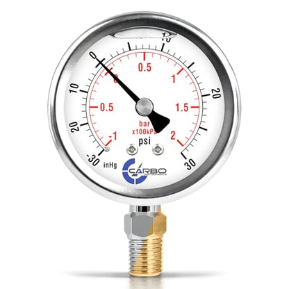 Compound Pressure Gauge -30 inHg to 30 PSI, Liquid Filled, 2.5" Dial, 1/4 NPT Lower Mount, 304 Stainless Steel Case, Brass Wetted Parts, PSI/inHg - ASME B40.1 Grade A - size: -30inHg / 0 / +30Psi, style: STANDARD