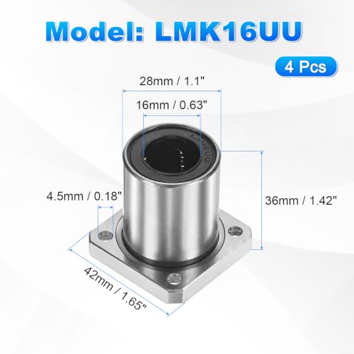 PATIKIL LMK16UU Linear Ball Bearings 16mm Bore Dia 28mm OD 36mm Long 4.5mm Hole, 4Pcs Round Flange Linear Motion Bushing Double Side Rubber Sealed Rod Liner Shaft for Machine 3D Printer - size: 16mm