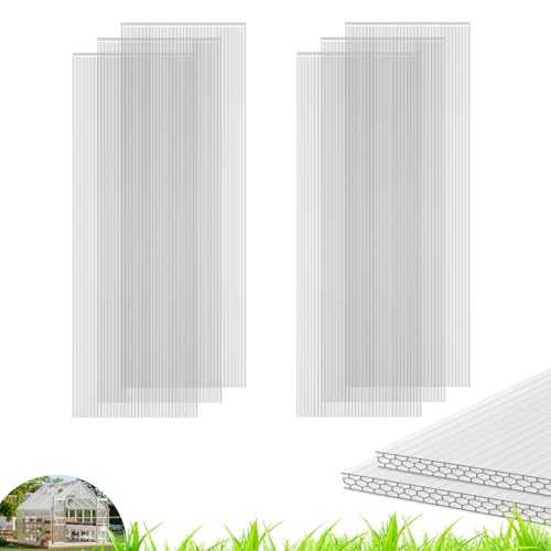 Quibbay 6PCS Polycarbonate Greenhouse Panels Sheets, 6' x 2' x 0.32'' Three-Layer Honeycomb Panels, UV Protected Corrugated Plastic Roof Panels, Clear Replacement Panels for Greenhouse Covering - style: 6' X 2' X 0.32''