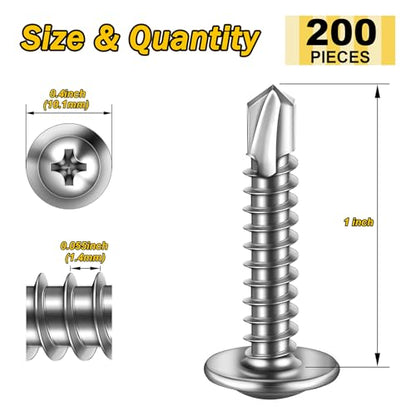 Mywish 200pcs #8×1" Self Tapping Screws for Metal, Sheet Metal Screw 410 Stainless Steel Truss Head Self Drilling Screws High-Strength Quick Tapping - color: Silver, size: #8x1" (200 pcs)