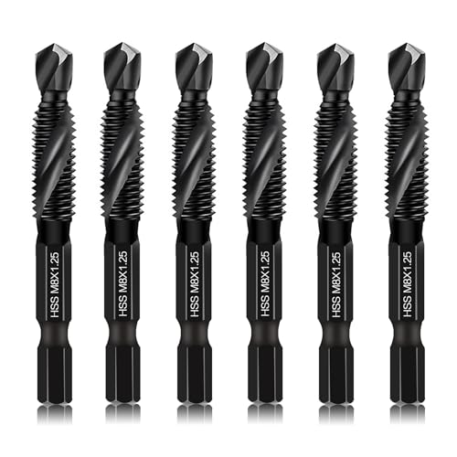 DKIBBITH 6 Packs M8 Drill & Tap Bit Set, Combination Screw Tapping Threading Tools in Size M8*1.25 with Anti-Rust Black Coating, 1/4" Hex Shank and Storage Case - size: M8x1.25