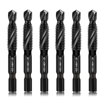 DKIBBITH 6 Packs M8 Drill & Tap Bit Set, Combination Screw Tapping Threading Tools in Size M8*1.25 with Anti-Rust Black Coating, 1/4" Hex Shank and Storage Case - size: M8x1.25