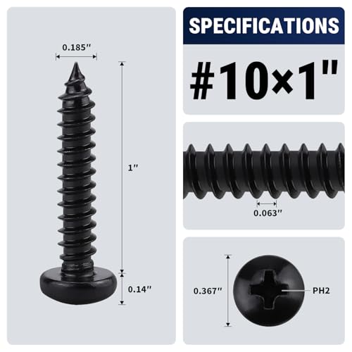 #10 x 1 (50 Pack) Stainless Steel Pan Head Self Tapping Screws, 304 SS (18-8) Black Coated, Phillips Drive Round Head Corrosion Resistant Screws for Wood & Sheet Metal - size: #10 x 1"