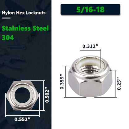 UNC 5/16"-18 inch Nylon Insert Hex Lock Nuts (20 Pack), 304 Stainless Steel (18-8), Hex Lock Nuts with Nylon Ring, Corrosion-Resistant, for Automotive, Machinery DIY Projects - size: 5/16"-18