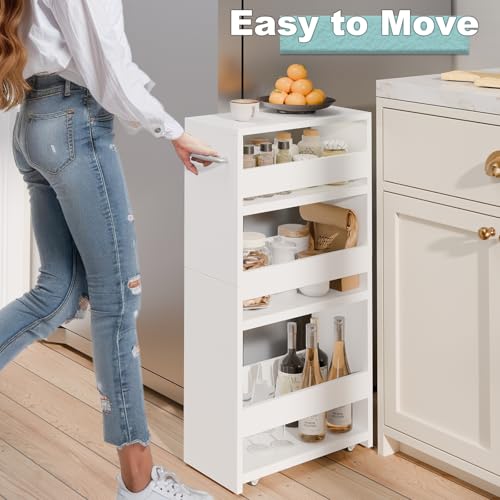 MARTY Slim Rolling Storage Cart, Wood Utility Kitchen Bathroom Laundry Cart - color: All White, size: 7.9"D x 15.75"W x 31.5"H