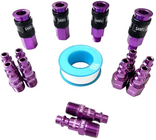 SANFU Air Hose Fittings, Aluminum AMT Universal Air Coupler and I/M Industrial Type Air Plug Kit, 1/4 Inch Threads Size, 1/4 Inch Body Size, 15 Pieces Air Compressor Accessories Fittings Kit(Purple) - style: 15PCS KITS