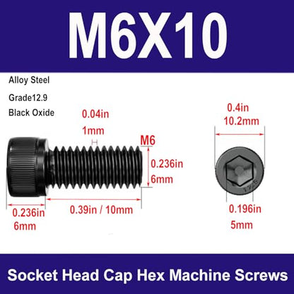 M6-1.0 x10mm Socket Head Cap Screws Bolts, Grade 12.9 Alloy Steel Black Oxide, M6 10mm Allen Socket Drive, Machine Thread with Hex Spanner,20 PCS (M6X10) - size: M6X10mm