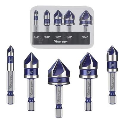 1/4'' to 3/4'' Countersink Drill Bit Set 5PCS with 1/4" Hex Shank