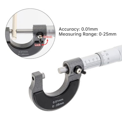 Outside Micrometer, Ratchet Stop, 0-25mm Range, 0.01mm Graduation, +/-0.004mm Accuracy, Precision Machinist Tool