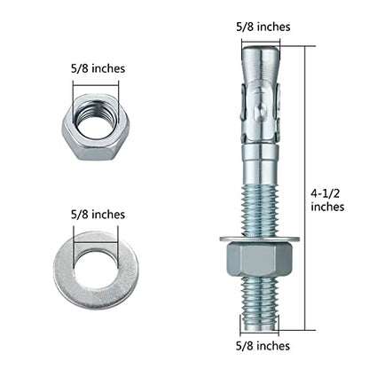 Wensilon 5/8x4-1/2 10Pcs Inch Standard Fasteners for Heavy-Duty Zinc Wedge Anchors for Cement and Concrete - size: 5/8x4-1/2"
