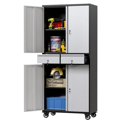 Metal Garage Storage Cabinet with 2 Drawers and 2 Adjustable Shelves, Locking Rolling Tool Storage Cabinet with Wheels and Pegboard for Garage, Home, Black and Silvery - color: Black-silvery, size: 16"D x 30"W x 71"H
