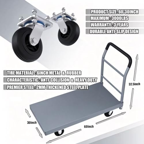 Heavy Duty Flatbed Cart, 3000LB Foldable Platform Truck Industrial Grade Weight Capacity, 60''L*30''W Platform Cart, Steel Hand Push Dolly Cart for Garden, Warehouse＆Yard (30x60'') - size: 30x60''