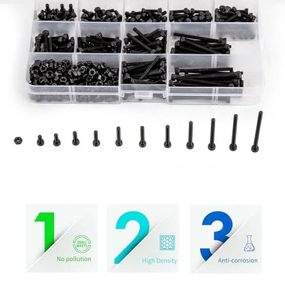 440Pcs Black Alloy Steel M3 Metric Hex Socket Screws with Matching Nuts - color: 440Black