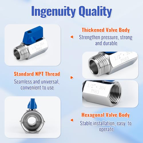 2 Pack 1/2" Mini Ball Valve, 304 Stainless Steel Water Flow Control Male x Female NPT Threaded Shut-Off Drain Valves with Quarter Turn Operation - size: 1/2 Inch