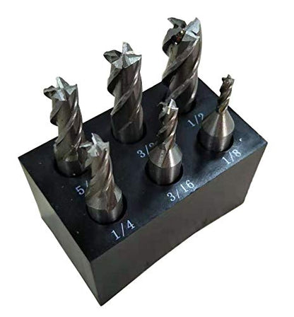 Single End 4 Flute Center Cutting End Mill 6PCS Set 1/8",3/16",1/4",5/16",3/8",1/2" with 3/8" Shank with Plastic Stand