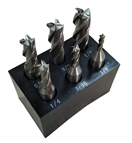 Single End 4 Flute Center Cutting End Mill 6PCS Set 1/8",3/16",1/4",5/16",3/8",1/2" with 3/8" Shank with Plastic Stand