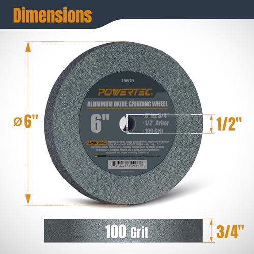POWERTEC Bench Grinder Wheel 6 Inch 100 Grit, Aluminum Oxide Grinding Wheel for Bench Pedestal Grinder, 3/4" Thick 1/2" Arbor, Sharpening & Shaping Drill Bits, Blade, and Chisel 1PK (15519) - style: 6" Grinding Wheels