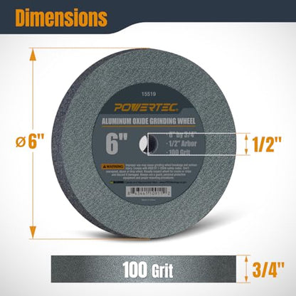 POWERTEC Bench Grinder Wheel 6 Inch 100 Grit, Aluminum Oxide Grinding Wheel for Bench Pedestal Grinder, 3/4" Thick 1/2" Arbor, Sharpening & Shaping Drill Bits, Blade, and Chisel 1PK (15519) - style: 6" Grinding Wheels