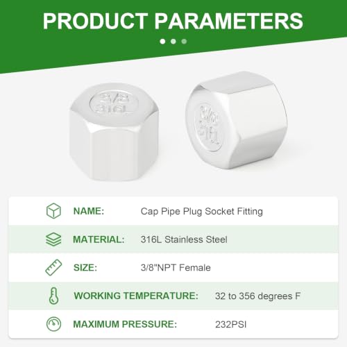 TAISHER 5Pcs 316 SS Hex Pipe Cap, 3/8" Female NPT Thread Pipe Fitting - size: 3/8"FNPT(316 Cap)