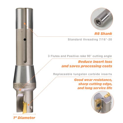 R8 Indexable 1" End Mill, Carbide Insert 90° Milling Cutter - size: 1 in