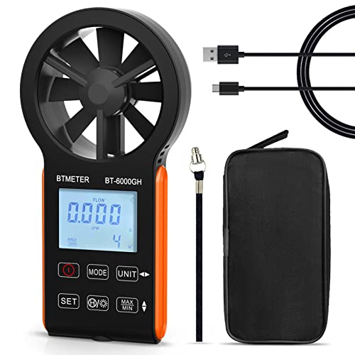 BTMETER Anemometer CFM Wind Meter, Air Flow Gauge Measure Wind Speed 0.3~30m/s, Monitor Airflow Volume 0-999900 ft3/min for HVAC Duct Air Vent, Touch-Screen Windometer 6000GH