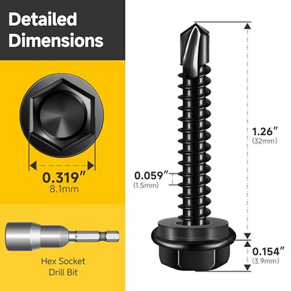 Mywish 50pcs #10 x 1-1/4" Self Drilling Screws for Metal, 410 Stainless Steel Hex Washer Head Self Drilling Screws, Black Oxided Self Tapping Sheet Metal Tek Screw Fast Tapping - size: #10x1-1/4"(50pcs)