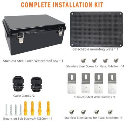Electrical Junction Box, IP67 Waterproof Outdoor Box ABS Plastic Enclosure with Stainless Steel Latches & Brackets, Hinge Black Cover Project Box with Mounting Plate 14.6"x10.6"x6.7" - color: Black, size: 14.6"x10.6"x6.7"
