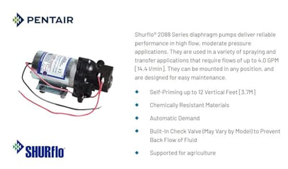 PENTAIR SHURFLO 2088-343-435 Diaphragm Pump, 12V DC, 3 GPM, 45 PSI, Self Priming Water Pump with 1/2 Inch Male Ports, Chemical Resistant Housing, Demand Switch, Dry Run Safe for Sprayers and Transfer