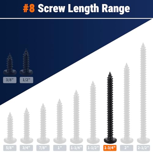 #8 x 1-3/4" (50 Pack) Stainless Steel Pan Head Self Tapping Screws, 304 SS (18-8) Black Coated, Phillips Drive Round Head Corrosion Resistant Screws for Wood & Sheet Metal - size: #8 x 1-3/4"