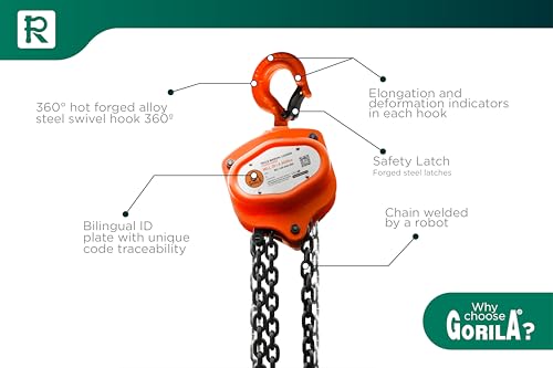 GORILA Hand Chain Hoist 4400lbs 10ft (2 ton 3 Meters) with 2 Heavy Duty Hooks and Forged Locks | Safety Factor 4:1 | Since 1989 - size: 4400lbs - 10ft / 2t - 3m