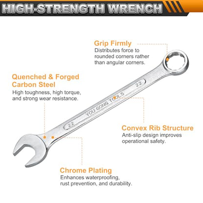 HARFINGTON Metric Combination Wrench, 22mm Open End & 15-Degree Offset - size: 22mm