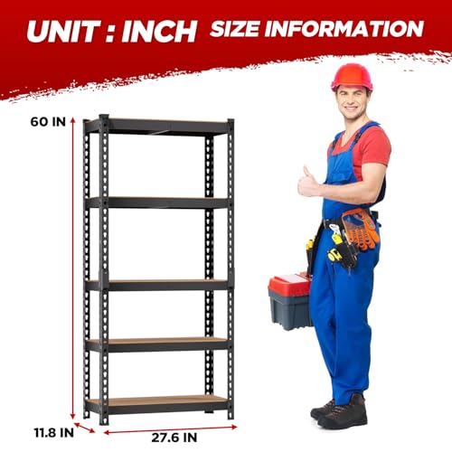 BestOffice 5-Tier Heavy Duty Storage Shelving Unit, 1650 LBS Adjustable Metal Garage Rack, 27.6" W X 11.8" D X 60" H, MDF Shelves for Garage Basement Kitchen, Black - size: 28"W x 12"D x 60"H