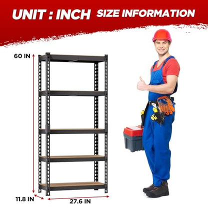 BestOffice 5-Tier Heavy Duty Storage Shelving Unit, 1650 LBS Adjustable Metal Garage Rack, 27.6" W X 11.8" D X 60" H, MDF Shelves for Garage Basement Kitchen, Black - size: 28"W x 12"D x 60"H