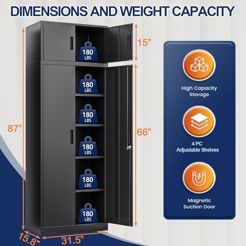 BESFUR Metal Storage Cabinet 87" H,Tall Locking Storage Cabinets with Top Cabinet and 4 Adjustable Shelves for Home Office, Garage,School, Apartment, Warehouse, Utility Room，Black - color: Black, size: 87"H x 31.5"W x 15.8"D
