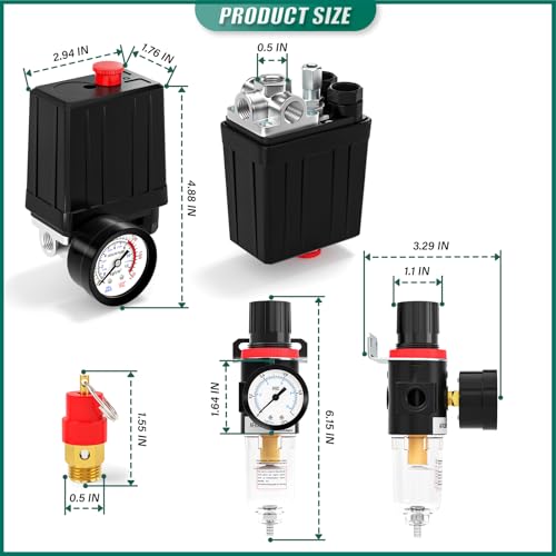 4 Way Air Compressor Pressure Switch Control Valve Kit 90-120 PSI, 1/4" NPT Port, 110V-240V, With 0-180 PSI Air Filter Pressure Regulator and Safety Pressure Relief Valve - size: 90-120 PSI