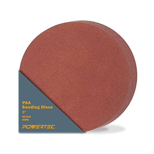 POWERTEC 60 PCS 60 Grit 5 Inch PSA Sanding Discs, Self Stick Adhesive Sandpaper, 5" for Drywall, Woodworking, Paint, Epoxy with Random Orbital Sanders, DA Sanders, 1x30 Belt Disc Sander (45506-P3)