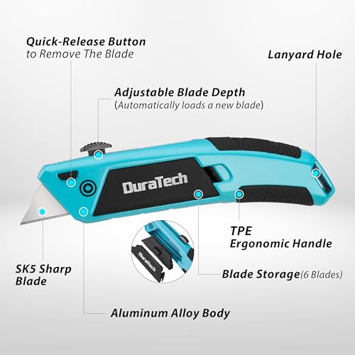 DURATECH Auto-Loading Utility Knife with 6 Preloaded SK5 Blades