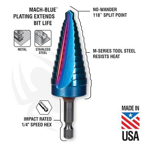 Spyder 3/16 to 1/2-inch Hex Shank 6-Step HSS Drill Bit with Mach-Blue Armor Plating for Steel, Aluminum, Stacked Materials, and More - size: 3/16-Inch to 1/2-Inch