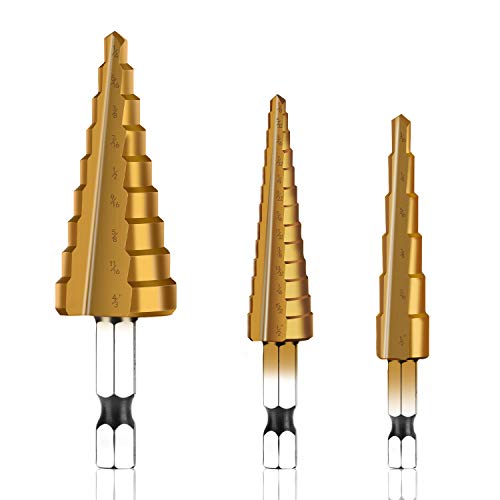 HSS Step Drill Bit Set - 3PCS 1/4" Hex Shank Titanium Coated High Speed Steel Hole Drill Cone Bits Stepped Up Unibit for Sheet Metal Hole Drilling Cutting Hole (1/8 Inch - 3/4 Inch) - size: 3 - 19 mm