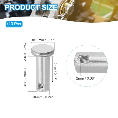 PATIKIL 6 x 16 mm Single Hole Clevis Pins, 10 Pcs 304 Stainless Steel Flat Head Pin for Hitch Pin Lock Link Hinge Systems, Silver - size: 6 x 16 x 12 mm