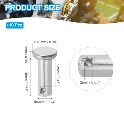 PATIKIL 6 x 16 mm Single Hole Clevis Pins, 10 Pcs 304 Stainless Steel Flat Head Pin for Hitch Pin Lock Link Hinge Systems, Silver - size: 6 x 16 x 12 mm